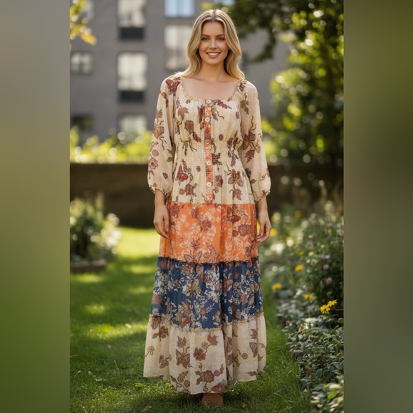Anthropologie Maxi Bohemian Floral Dress Size PL 100% Polyester Preowned - Picture 1 of 14